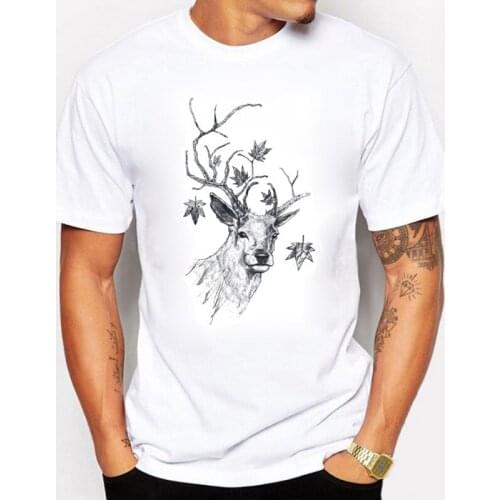 Summer T Shirt for Men Hand Painted Deer Fashion Cotton Short Sleeve Tshirt O-neck Hip Hop Clothing White