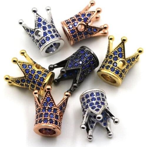 Fashion King Crown beads cobalt blue CZ Micro Pave Bead blue Cubic Zircon crown pave beads Unisex Bracelet Charms