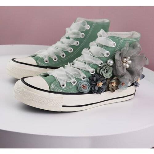 Spring and autumn new high-top canvas shoes womens retro green flowers heavy single shoes girl shoes