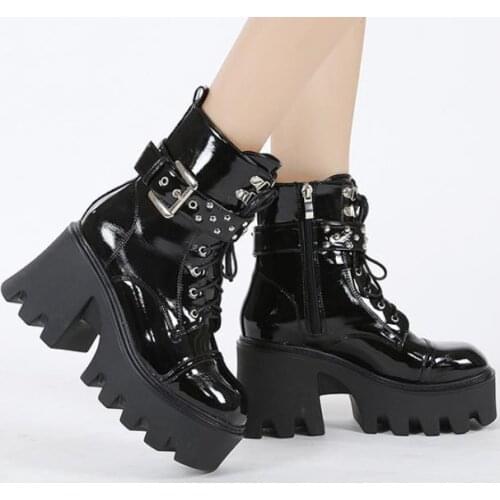New Gothic Womens Square Head Motorcycle Boots Patent Leather Rivet Belt Buckle Boots Thick Bottom Increased Martin Boots