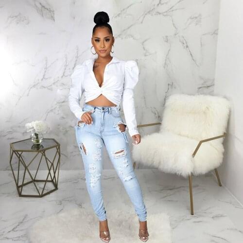 Light Blue High Waist Zipper Front Denim Pant for Women Casual Hollow Out Washed Skinny Jeans Streetwear Ladies Pencil Capris