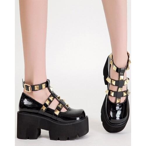 Lolita Shoes punk Buckle Mary Janes Shoes Women Cross-tied Platform Shoes Patent Leather Girls fall Shoes Rivet Casual Shoes