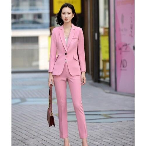 High Quality Fabric Elegant Pink Formal OL Styles Women Business Suits Female Pantsuits Autumn Winter Professional Blazers Set