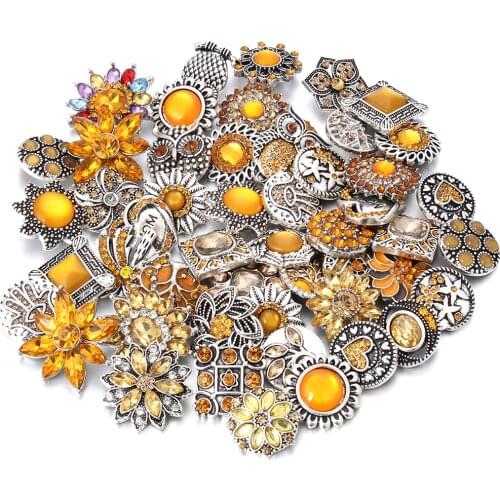 10pcs/lot Wholesale Snap Jewelry Mixed Yellow Rhinestone Flower 18mm Snap Button Jewelry Fit 18mm Snap Bracelet Necklace Jewelry