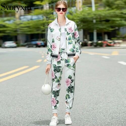 Svoryxiu Runway High-End Autumn Winter White Rose Flower Print Two Piece Set Womens Long Sleeve Jackets + Pants Casual Suits
