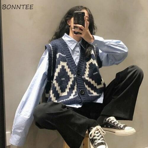 Vests Women Retro Chic Argyle Single Breasted Harajuku Preppy Girls Sleeveless Outwear All-match Korean Fashion Female Clothing