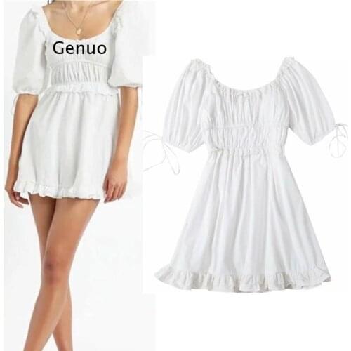 Puff Sleeve Mini Sexy White Party Dress Ruffle Summer Dress Square Neck Elastic Bust Super Chic Women Dress New