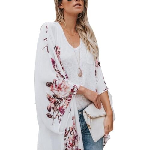 40%HOTLadies Summer Beach Floral Print Long Sleeve Front Cardigan Chiffon Kimono Cardigan Sun Protection Top Loose Shawl Kimono