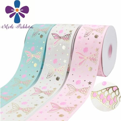 1"25mm 50 Yards Grosgrain+ Gold foil Mermaid Tail Printed Ribbon Sewing Supplies Gift Wrapping Ribbon Handmade Bow Material