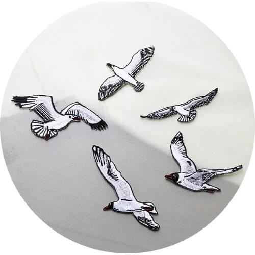 1PCS White Bird Embroidered Iron On Gulls Patches For Kid Clothing Appliques DIY Coat Dress Bags Jeans Patches