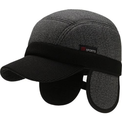 2020 Black Winter Hats Snapback Earflaps Baseball Cap For Men Outdoor Thickening Mens Caps