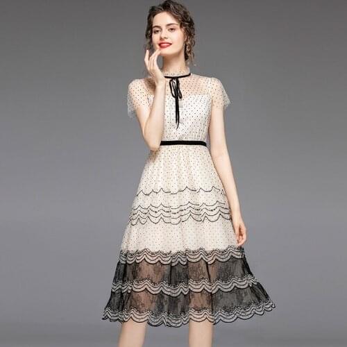 2021 Summer Elegant Flower Embroidery Mesh Patchwork Dress Women Bow Lace-up Party A-Line Runway Dress