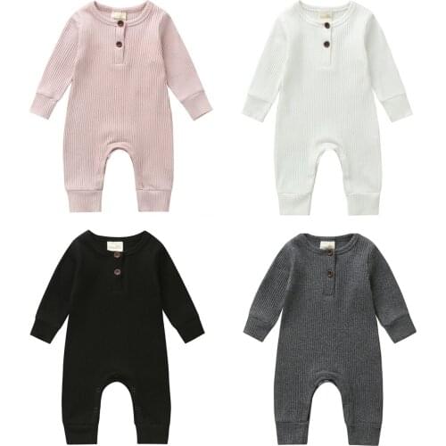 2020 New Fall Autumn 0-18M Infant Baby Boy Girl Button Decorate Solid Color Long Sleeve Romper Jumpsuit Clothes 4 Colors