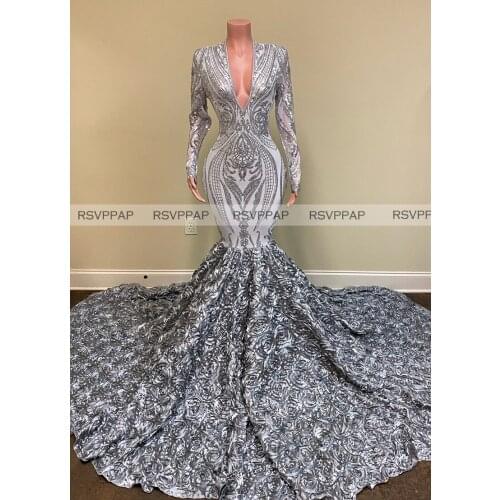 Long Mermaid Prom Dresses 2021 Exquisite Glitter Sequin Top 3D Flowers V-neck Long Sleeve Silver African Girl Prom Gowns