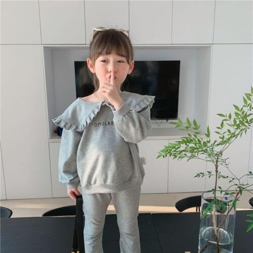 Spring autumn girls big turn-down collar clothes sets letters sweatshirts and flare pants 2pcs