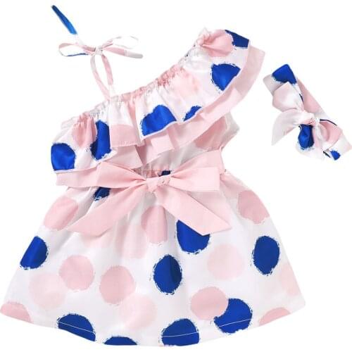 2pcs Summer Toddler Baby Girl Polka Dot Ruffle Dress Kids Fashion One Shoulder Strap Dresses+Headband Clothing Set