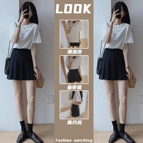 [Two-piece Suit]Small Sweet Short Black Skirt + Summer New Loose All-match T-shirt Women Suit