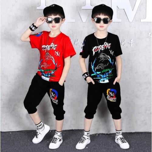 2020 Red Christmas Boys Clothing Sets Short Sleeve Boys T-shirts Cartoon Deer Pattern + Shorts Pants Handsome Mid Big Boy Suits