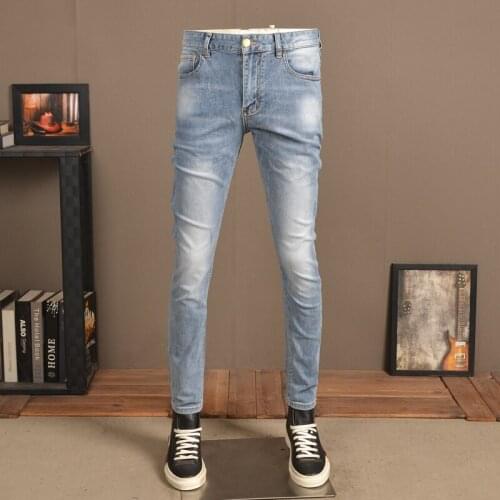 2021 Summer Light Blue Jeans Men Fashion Korean Style Slim Fit Denim Pants
