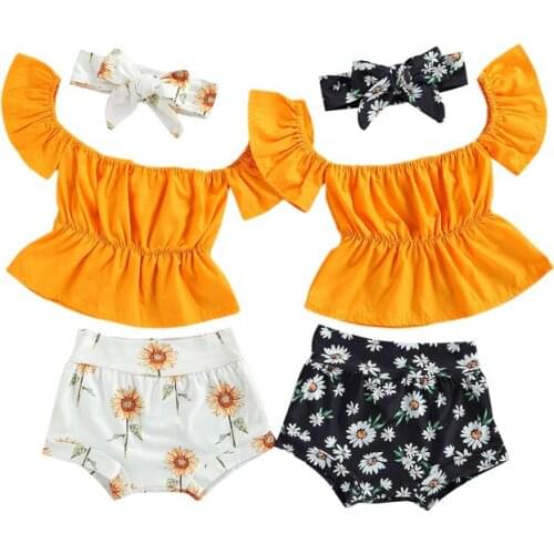 Fashion Summer Baby Girls Clothes Sets 3pcs Off Shoulder Short Sleeve T Shirts Flowers Printed Shorts Headband Outfit