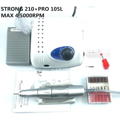 65W Strong 210 Nail Drills 45000rpm strong PRO 105L Handpiece 2.35mm Nail Drills Manicure Electric File Bits Nails Art Equipment