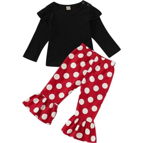 Toddler Girl Clothes Newborn Baby Girls Clothes Solid Ruffle Tops Polka Dot Flared Pants Outfits Set Size 0-24M