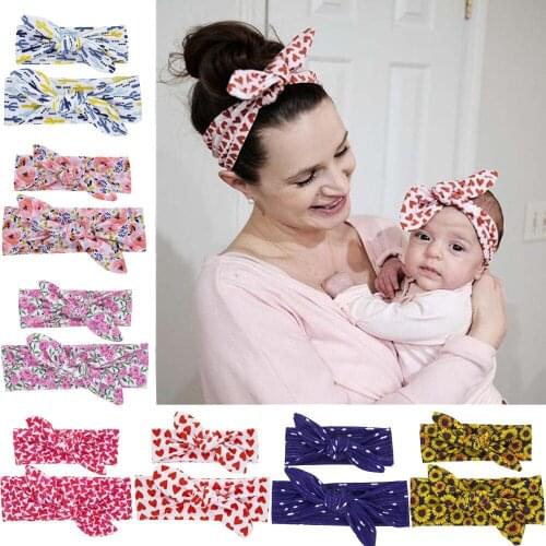 Mom and Baby 2021 Fashion Flowers Pattern Bunny Ears Elastic Hairband Cute Leopard Print Knotted Headband Photography Props
