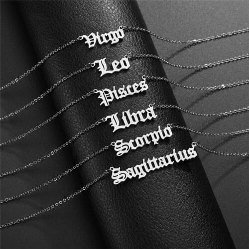 Punk Constellation Jewelry Stainless Steel 12 Zodiac Letters Pendant Necklace Old English Scorpio Aries Gemini Choker Necklaces