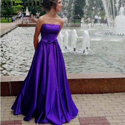 Mbcully Strapless Purple Satin Prom Dresses 2020 Gorgeous A-Line Backless Grils Evening Party Gowns With Chic Bow Robe de soiree