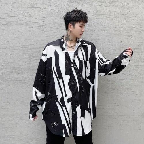 Oversize Shirts Men Print Korean Fashion Streetwear Loose Casual Hip Hop Long Sleeve Shirt Top Male Office Party Dress Shirt