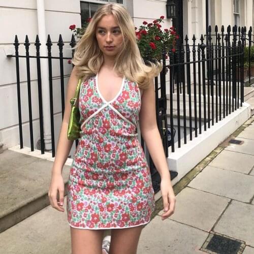 Sexy Halter Neck Dress Floral Women Y2K Fashion V Neck Backless Club Wrap Dress Summer Sleeveless Bodycon Mini Dress Beach 2021