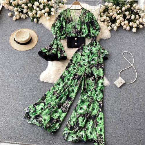 Chic Deep V-Neck Top Womens Design Trumpet Sleeve Ruffled Wide Leg Pants Fashionable Two Piece Suit Female Boho Outfits zh1154