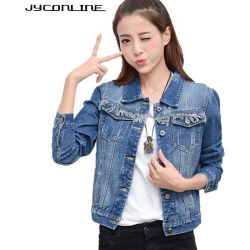 JYConline Streetwear Denim Jacket For Women Long Sleeve Short Jeans Jacket Women Denim Coat Turn Down Collar Female Jacket Coats