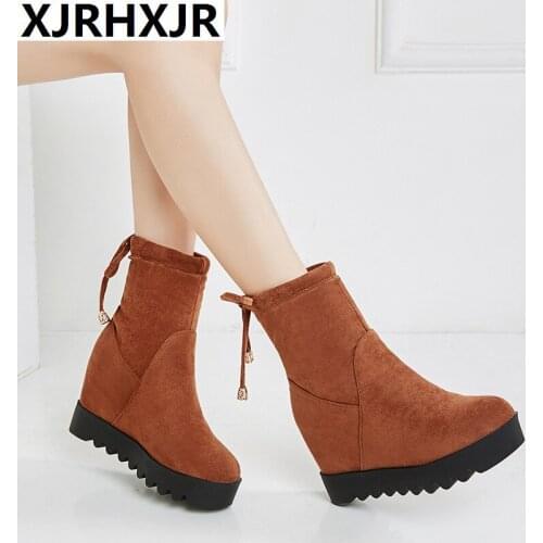 Large Size 31-43 Comfortable Platform Ankle Boots Women Autumn 2019 Elegant Flock 8cm High Heels Shoes Woman Height Increasing