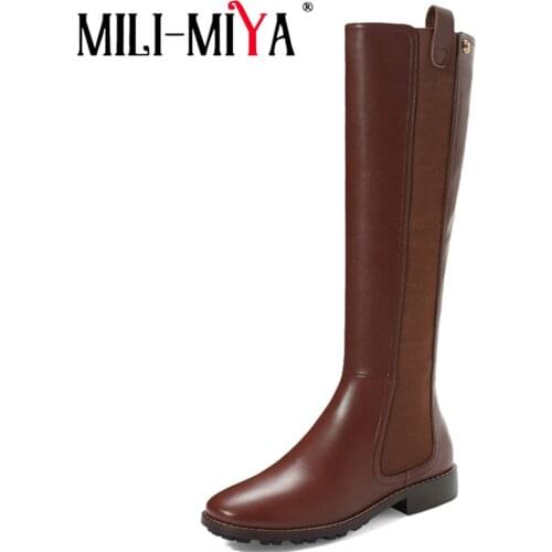 MILI-MIYA Motorcycle Women Boots Cow Leather&Pu Leather Slip-On Round Toe Square Heels Stretch Fabric Waterproof Size 34-40