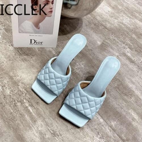 Aneikeh NEW Sexy PU Diamond Square Head Peep Toe High Heel Slippers Summer Fashion Slip on Thin Heels Slides Women Mules Party
