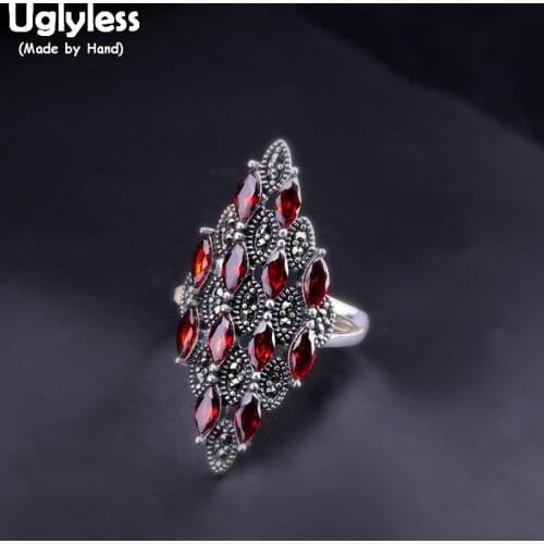 Uglyless Vintage Marcasite Square Rings for Women Thai Silver Wide Open Rings 925 Silver Garnet Rhombus Dress Ring Gemstone R883