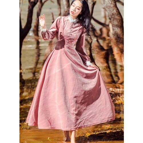 High Quality Hot Sale 2018 Autumn New Arrival Retro Retro Stand Collar Lace Flower Embroidery Long Sleeve Woman Long Dress Pink