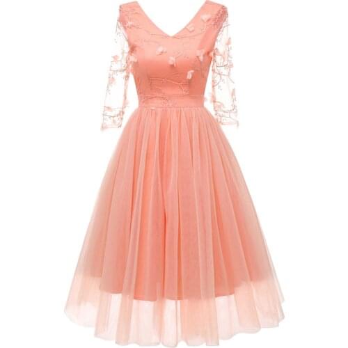 L36296 Womens Full Dress V Neck Lace Three Quarters Sleeve Vintage Floral Cocktail Dress