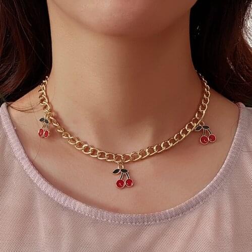 Gold Color Cute Fruit Cherry Chain Necklaces for Women Big Statement Enamel Choker Necklaces 2020 Fashion Jewelry Trinket
