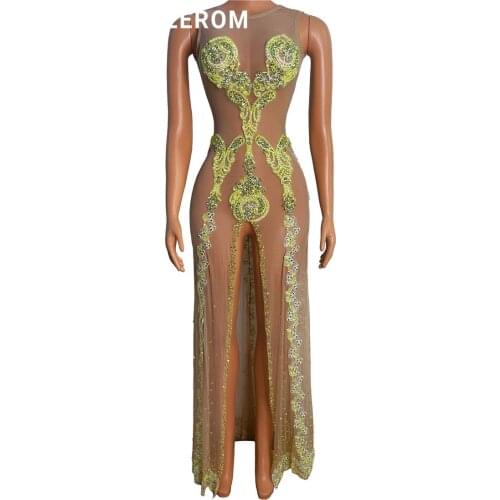 Sparkly Silver Rhinestone Mirror Elastic fabric Long Dress Women Birthday Stage play Celebrate Dress Dancer Party Show Dress