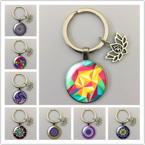 Colorful Dot Pattern Retro Rotating Flower Round Glass Cabochon Keychain Car Keychain Small Jewelry Keychain Gift