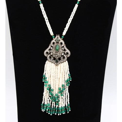 New Turkish Bead Long Pendant Necklace Women Bead Tassels Sweater Chain Necklace Retro Gold Color Resin Beads Pendant Jewelry