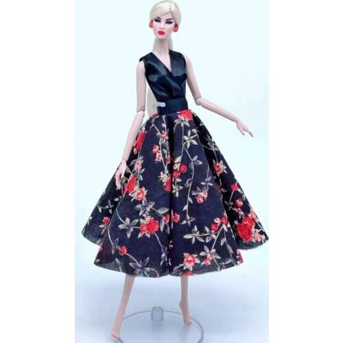 Elegant Black Floral Doll Dress For Barbie Clothes Doll Outfits Princess Sleeveless Party Gown 1/6 BJD Dolls Accessories Kid Toy