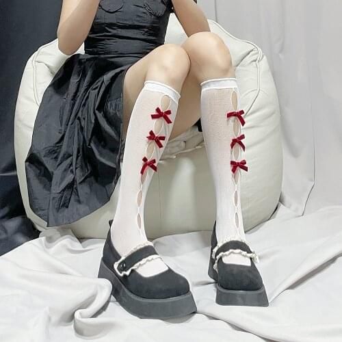 Lolita Bowknot Socks Women KidsTransparent Mesh Stockings Thin High Elastic Knee Socks Jk Long Socks Female Calcetine Medias