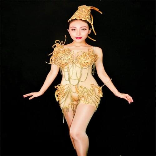 K30 Gold flowers sexy bodysuit ballroom dance costumes prom jumpsuit female stage wears singer outfit party performance dresses
