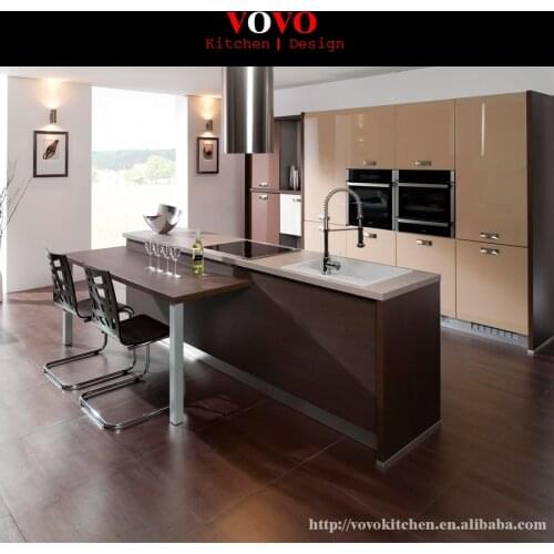 Quality glossy beige lacquer and melamine kitchen cabinet with built-in ovens