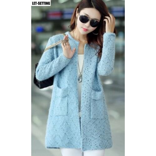 Cat hair cardigan long sleeve sweater variegated wild knit pocket tricot pull lady clothes blue,red,pink,blue,beige,gray