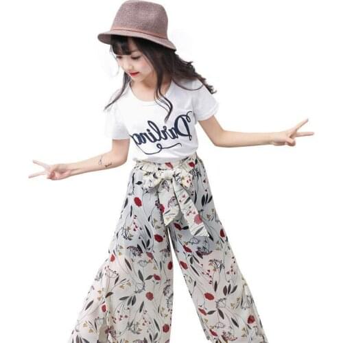 2019 Summer Big Girls Suit Girl Clothing Set Cotton Short Sleeve T-shirt+Chiffon Wide Pants Kids Clothes Girls 6 to 14 Years