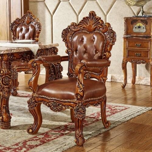 European-style Leather Dining Master Chair Solid Wood Antique Dark Dining Chair Double-sided Carved Villa Hotel Large Apartment